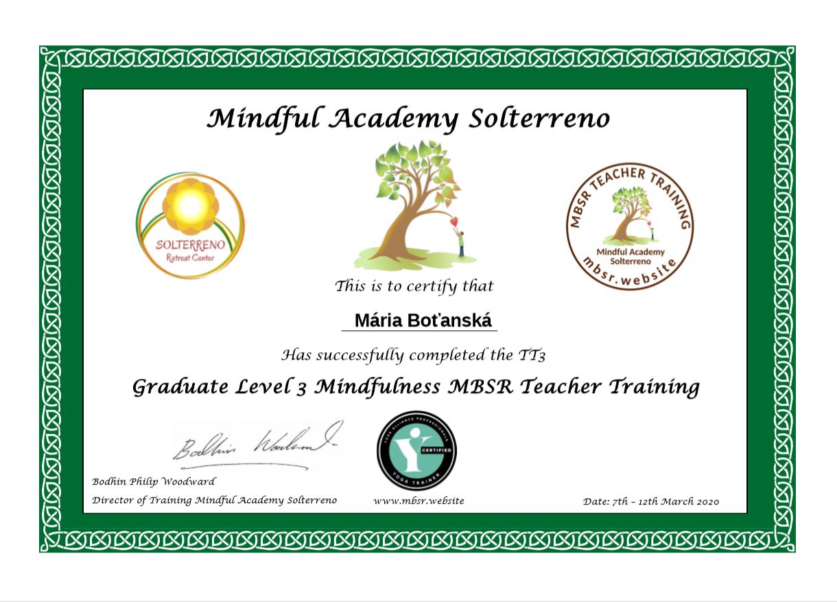 TT3 certifikát Mindfulness Mária Boťanská